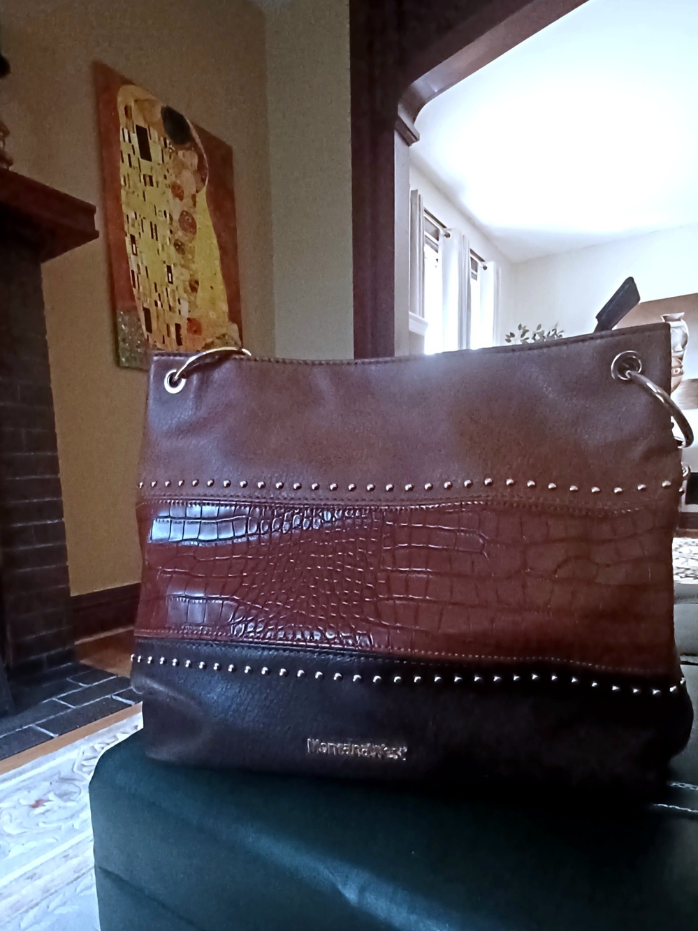 MONTANA WEST CHESTNUT/DARK BROWN SHOULDER BAG w/STUDS & GOLD HARDWARE ACCENTS
